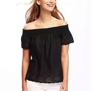 Old Navy Black Off the Shoulder Embroidered Top